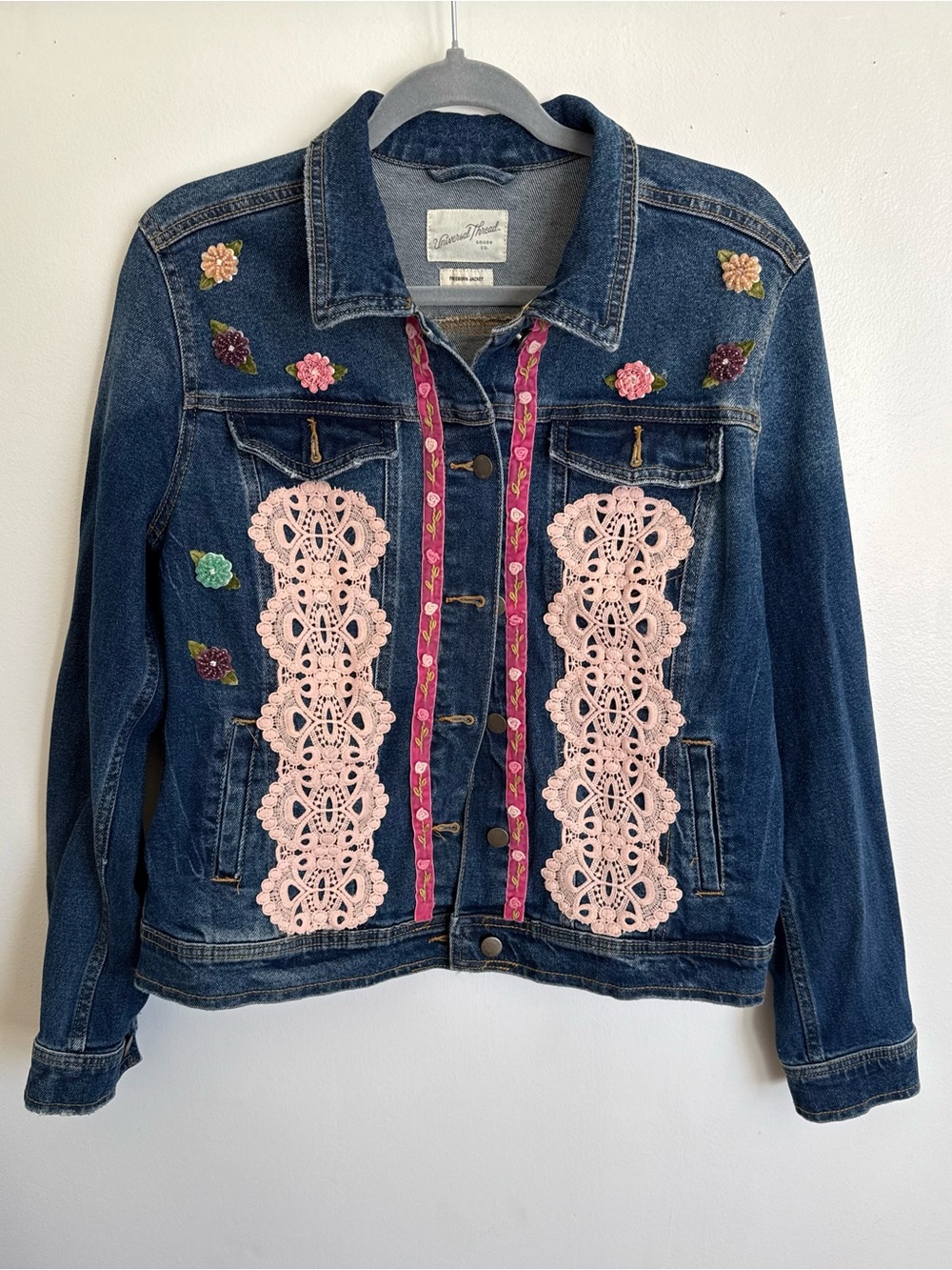 Upcycled Denim Jacket with Pink Crochet